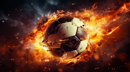 Naklejka premium Football with sparks flying, Soccer ball on drops water trail