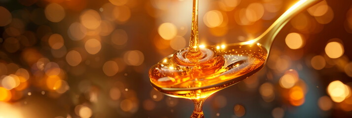 drop of honey dripping from a spoon, highlighting the thick texture and golden color of the sweet...