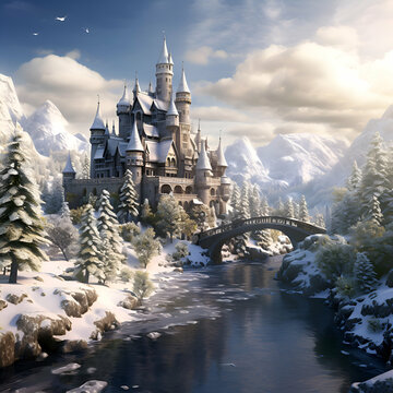 Fantasy winter landscape with castle and bridge over the river. 3d render