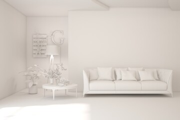 Grey interior desigh concept with furniture. 3D illustration