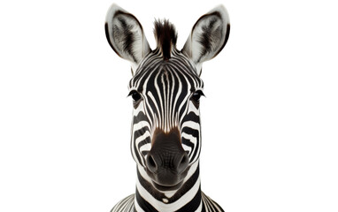 Close-up of a zebras head against a stark white background, showcasing its distinctive stripes and intense expression