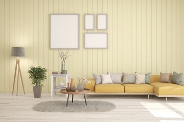 White modern interior design with sofa. Scandinavian interior design. 3D illustration