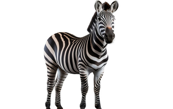 A zebra gracefully stands atop a pristine white floor