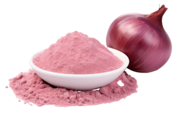 A bowl filled with vibrant pink powder sits beside a fresh onion, creating a magical and intriguing scene