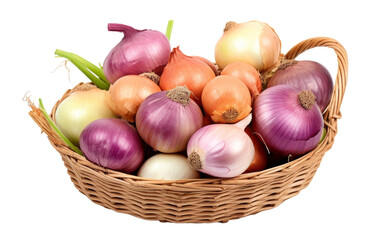 A basket overflows with onions surrounded by scattered ones on a white canvas