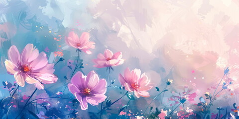 Fototapeta na wymiar Whimsical watercolor of cosmos flowers against a dreamy pastel background, perfect for adding a touch of magic. Generative AI