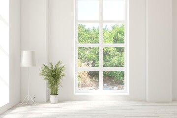 White empty room with summer landscape in window. Scandinavian interior design. 3D illustration