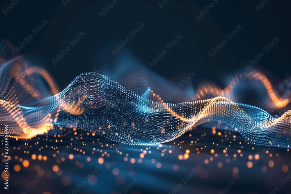 Poster abstract blue and yellow background with digital data wave and network pattern. futuristic ai and cy