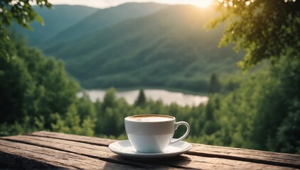 Coffee cup on wooden table in front of mountain landscape.