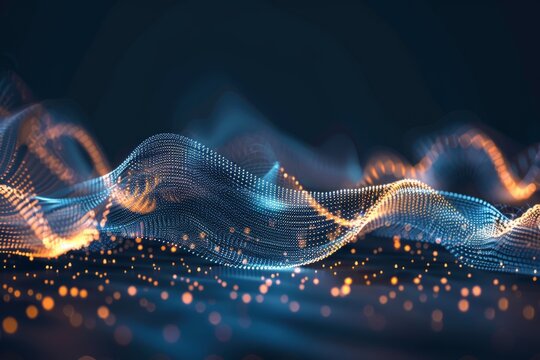 Abstract blue and yellow background with digital data wave and network pattern. Futuristic AI and cyber technology concept, futuristic design with neon glow - Powered by Adobe