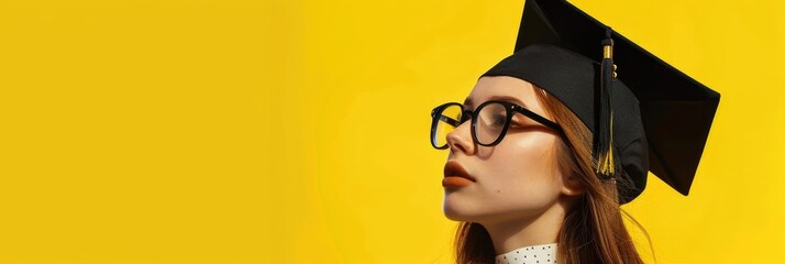 International Student's Day, world, portrait of a beautiful European female student in an academic cap and glasses, brunette, horizontal banner, yellow background