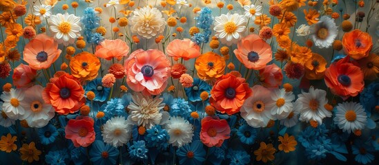 This painting showcases a variety of flowers, each unique in color and pattern. The vibrant electric blue petals add a creative touch to the artwork, beautiful flowers banner - obrazy, fototapety, plakaty