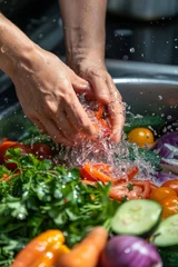 Fotobehang hands wash vegetables splashing water Generative AI © València