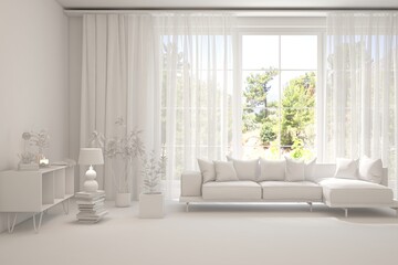 Grey living room concept with sofa and summer landscape in window. Scandinavian interior design. 3D illustration