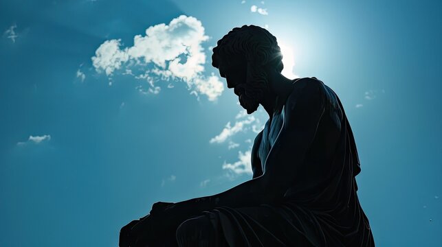 Towering against a blue sky, the statue of Aristotle embodies the timeless wisdom of ancient Greece. Invest in the legacy of intellect and philosophy.