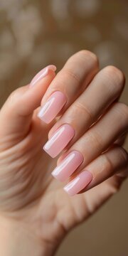 a hand showing cute light pink colour smooth manicured nails infront of solid background