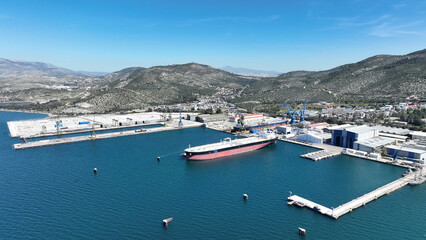 Aerial drone photo of port town and recently renovated ship yard of Skaramagas in Western area of...