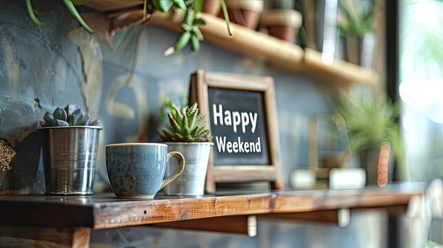 Happy Weekend" adorns a blackboard atop a wooden shelf, inviting relaxation and joy. Embrace the weekend vibes and invest in leisure.