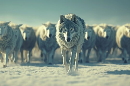 A powerful alpha wolf leading its pack, captured in striking detail against a snowy backdrop, symbolizing leadership and strength