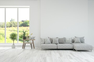 Bright interior design with modern furniture and summer landscape in window. 3D illustration