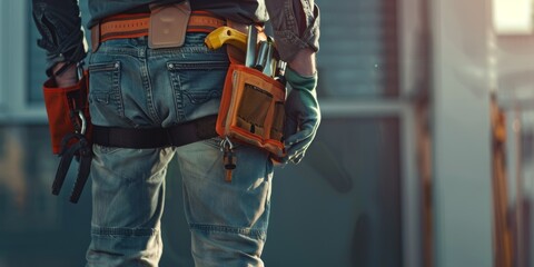 Fototapeta na wymiar Maintenance worker with a bag and a set of tools on his belt Generative AI
