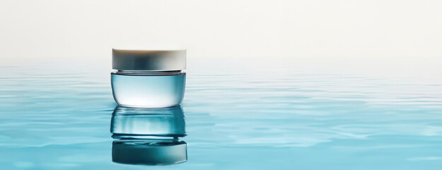 Cosmetic glass container floats serenely on calm waters, embodying minimalism. The simplicity of the scene evokes a sense of purity and tranquility.