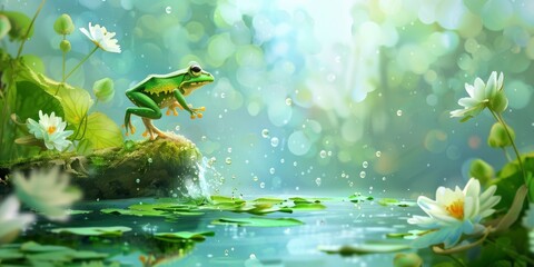 A baby frog jumping by a lagoon - obrazy, fototapety, plakaty
