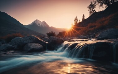 Fantastic view of mountain lake at sunset. Dramatic scene. Beauty world.