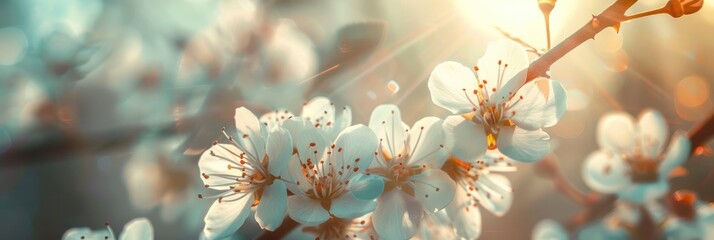 spring white sakura flower branches and sun rays closeup