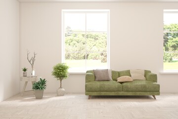 Bright interior design with modern furniture and summer landscape in window. 3D illustration