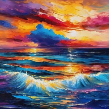 sunset over the sea in oil colors