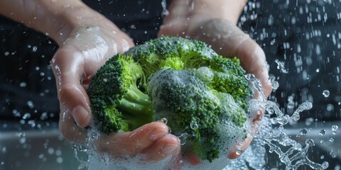 hands wash broccoli with splashes of water Generative AI