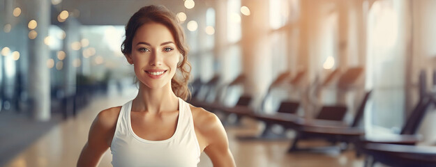 Smiling woman ready for a race on a treadmill in a sunlit gym, embodying health and fitness goals....