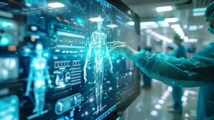 Doctor analyzing a patient's illness on a futuristic screen. Technology in health care. Digital medical interface, information and analysis.