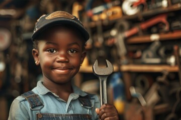 Young Boy Holding Wrench in Shop - obrazy, fototapety, plakaty