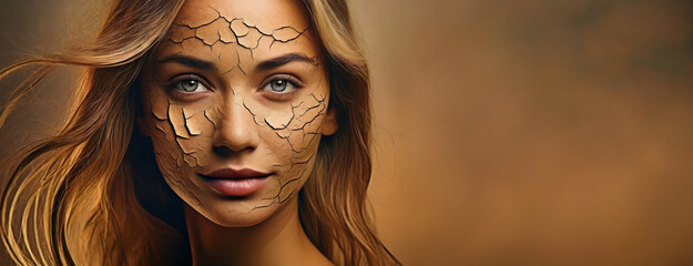 A woman's face artfully portrays the earth's arid conditions in a portrait. Cracked patterns across her visage symbolize the dire need for hydration and care.