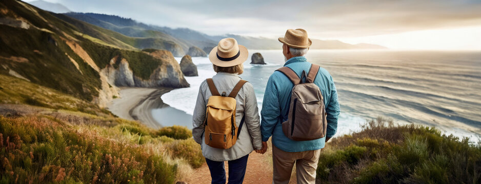 A couple gazes upon a coastal vista, encapsulating the wanderlust spirit. With backpacks on, elderly man and woman overlook a scenic seascape at dusk, embarking on adventure.