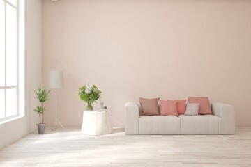 White living room with sofa. Scandinavian interior design. 3D illustration