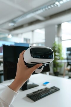 virtual reality helmet in hands Generative AI