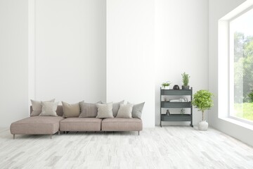 White scandinavian interior design with sofa. 3D illustration
