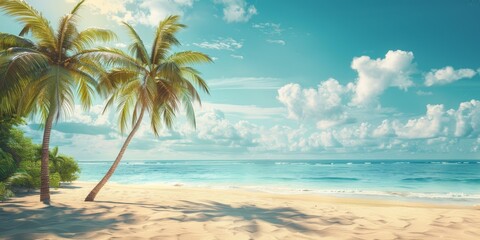 Fototapeta na wymiar Palm tree and white sand against the background of the azure ocean Generative AI