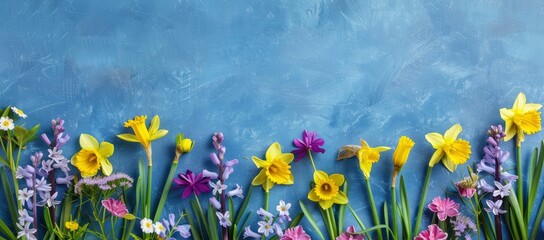 spring flower daffodil, lavender, hyacinth in a row against blue background - obrazy, fototapety, plakaty