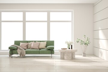 White living room with sofa. Scandinavian interior design. 3D illustration