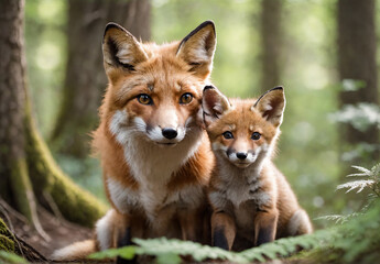 A female Fox with her young cub in a forest - 773368089