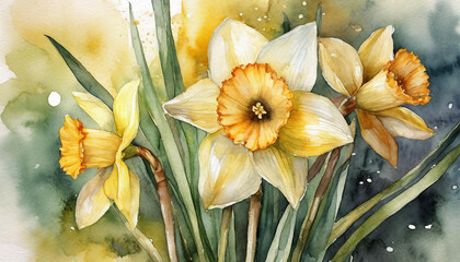 Watercolor painting of Daffodil flower. Botanical hand drawn art. Beautiful floral composition.