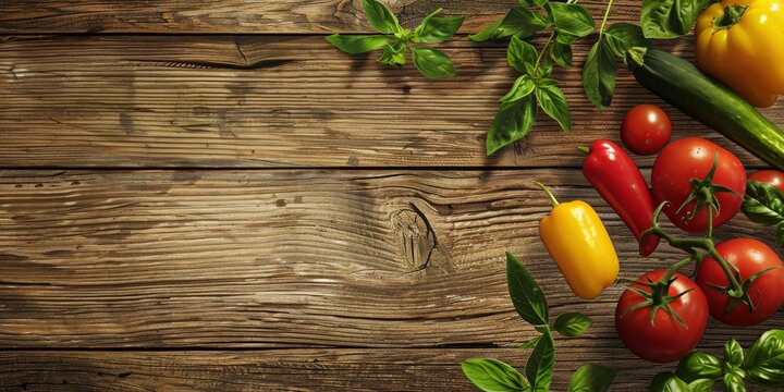 vegetables and fruits with herbs on a wooden table Generative AI