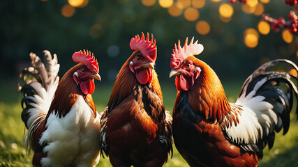 rooster and hens - obrazy, fototapety, plakaty