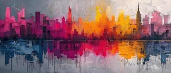 abstract city line painting with modern pattern and pop colour