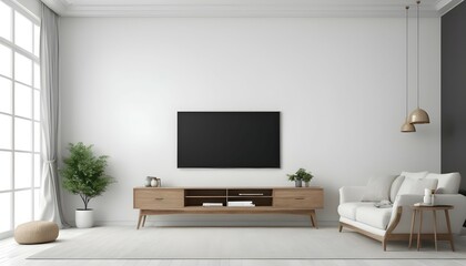Mockup a TV wall mounted with decoration in living room and white wall.3d rendering
