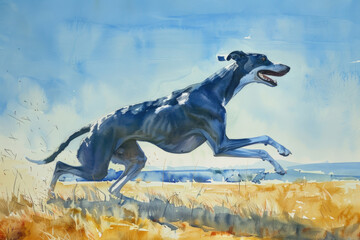 A lively dog dashes across a grassy field in a vibrant painting capturing the essence of canine joy and freedom